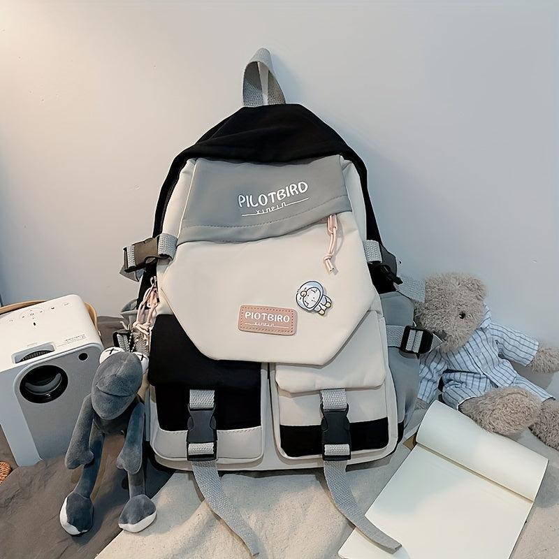Preppy Colorblock Backpack with Pendant Decor