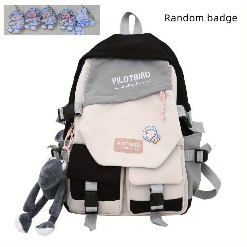 Preppy Colorblock Backpack with Pendant Decor