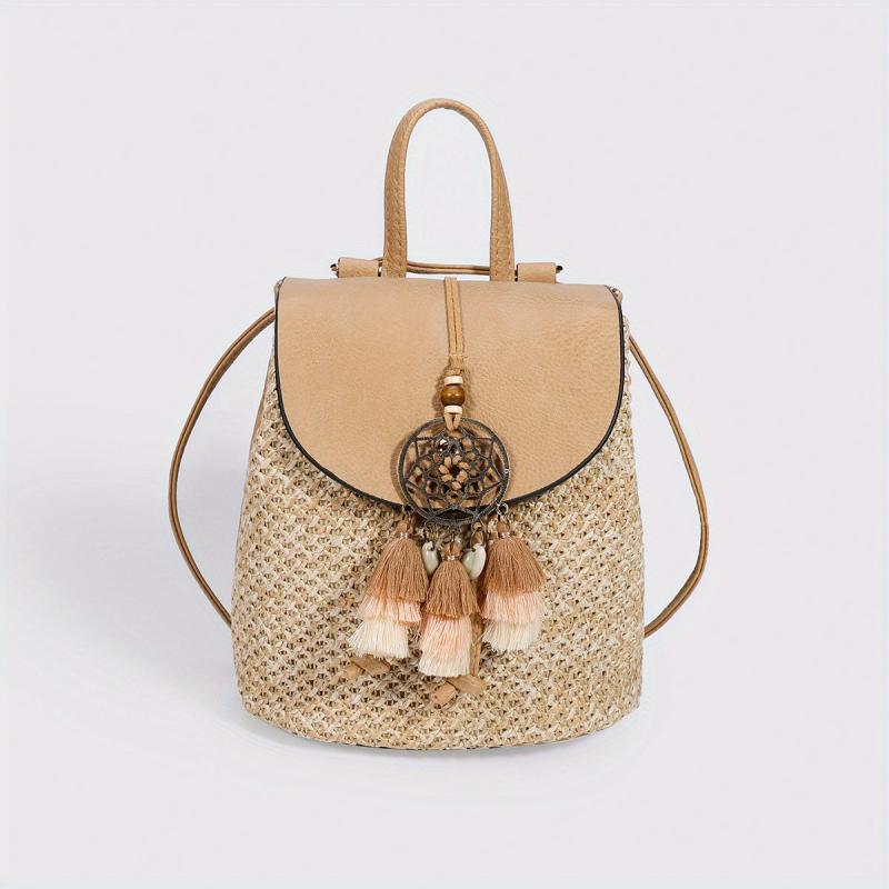 Boho Style Straw Flap Backpack Tassel Drawstring Daypack
