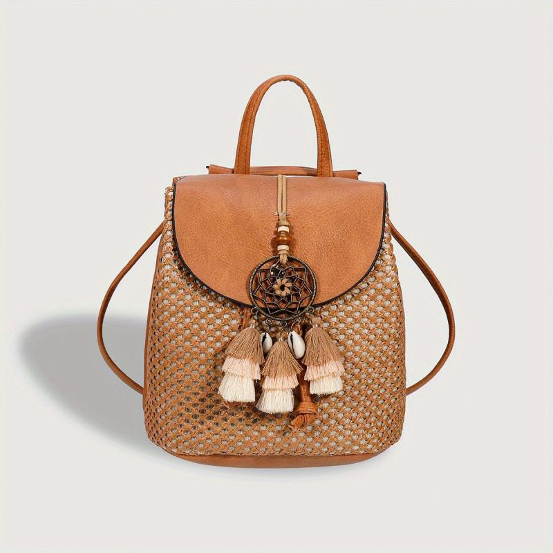 Boho Style Straw Flap Backpack Tassel Drawstring Daypack