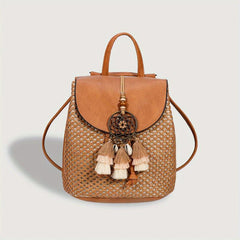 Boho Style Straw Flap Backpack Tassel Drawstring Daypack