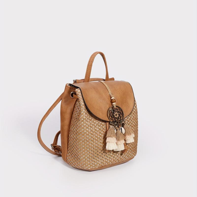 Boho Style Straw Flap Backpack Tassel Drawstring Daypack