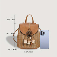 Boho Style Straw Flap Backpack Tassel Drawstring Daypack