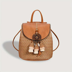 Boho Style Straw Flap Backpack Tassel Drawstring Daypack