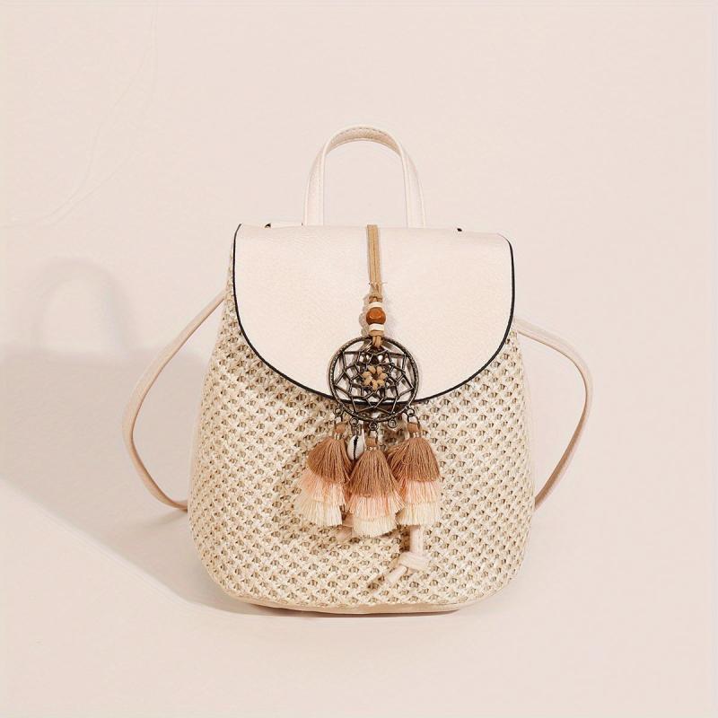 Boho Style Straw Flap Backpack Tassel Drawstring Daypack