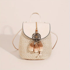 Boho Style Straw Flap Backpack Tassel Drawstring Daypack