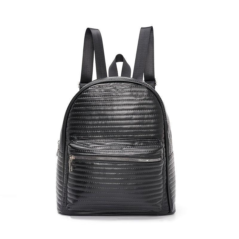 Striped Solid Backpack PU Leather Waterproof School Travel Bag