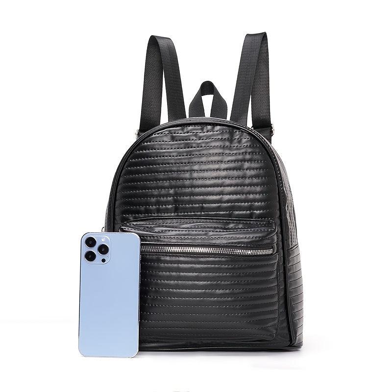 Striped Solid Backpack PU Leather Waterproof School Travel Bag
