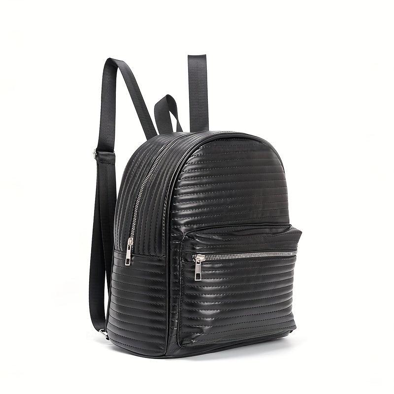 Striped Solid Backpack PU Leather Waterproof School Travel Bag