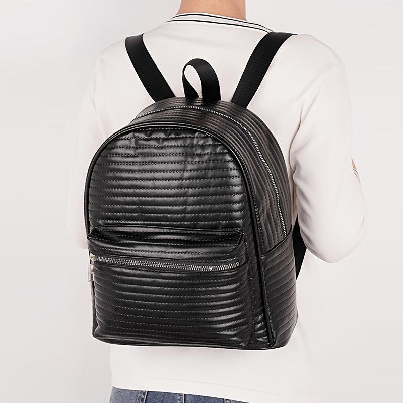Striped Solid Backpack PU Leather Waterproof School Travel Bag