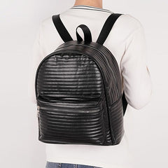 Striped Solid Backpack PU Leather Waterproof School Travel Bag