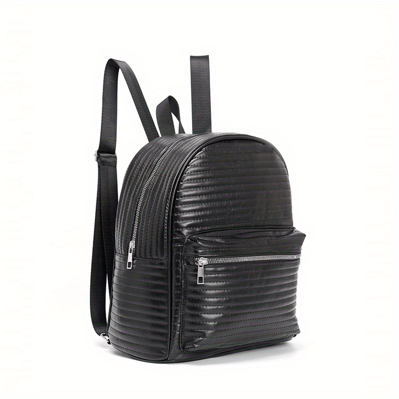 Striped Solid Backpack PU Leather Waterproof School Travel Bag