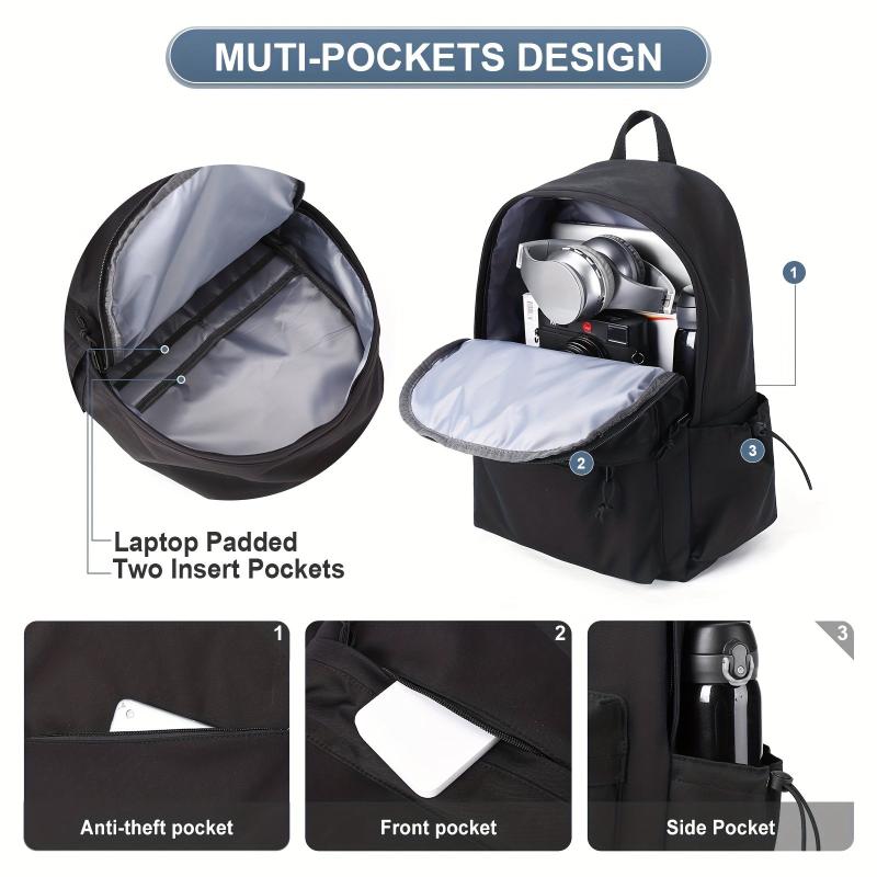 Solid Laptop Backpack Preppy Style Lightweight Travel Bookbag
