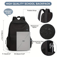 Solid Laptop Backpack Preppy Style Lightweight Travel Bookbag