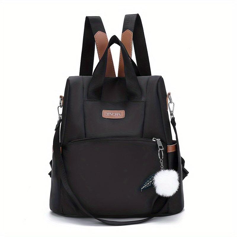 Solid Backpack With Pom Pom Pendant Nylon Large Capacity Knapsack