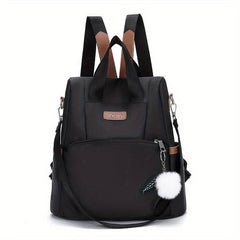 Solid Backpack With Pom Pom Pendant Nylon Large Capacity Knapsack