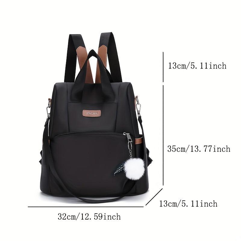 Solid Backpack With Pom Pom Pendant Nylon Large Capacity Knapsack