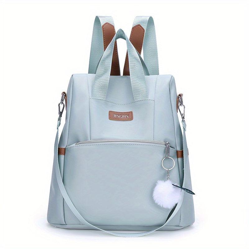 Solid Backpack With Pom Pom Pendant Nylon Large Capacity Knapsack
