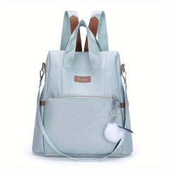 Solid Backpack With Pom Pom Pendant Nylon Large Capacity Knapsack