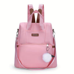 Solid Backpack With Pom Pom Pendant Nylon Large Capacity Knapsack
