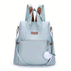 Solid Backpack With Pom Pom Pendant Nylon Large Capacity Knapsack