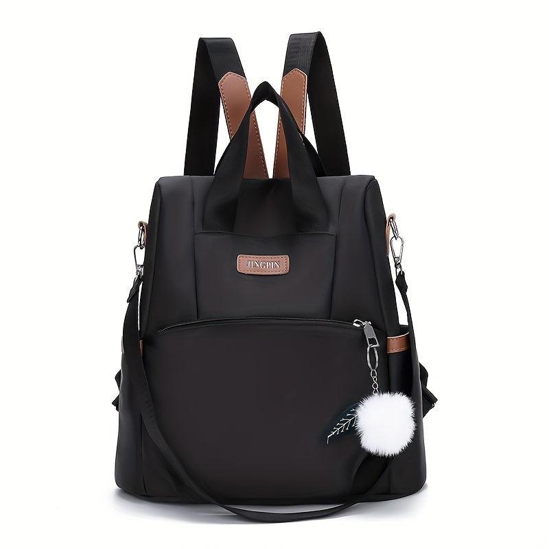 Solid Backpack With Pom Pom Pendant Nylon Large Capacity Knapsack