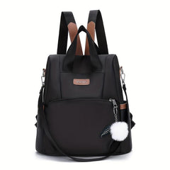 Solid Backpack With Pom Pom Pendant Nylon Large Capacity Knapsack