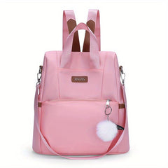Solid Backpack With Pom Pom Pendant Nylon Large Capacity Knapsack