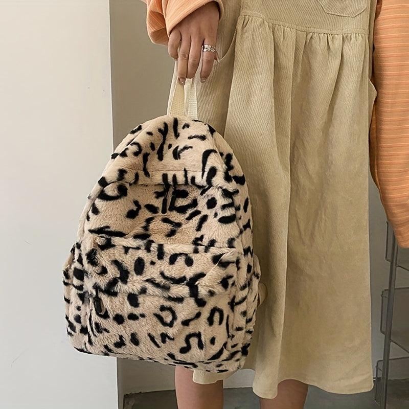 Leopard Pattern Backpack Vintage Faux Fur Schoolbag for Women