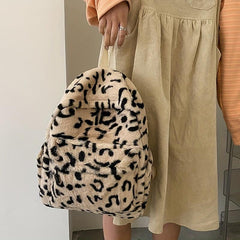 Leopard Pattern Backpack Vintage Faux Fur Schoolbag for Women