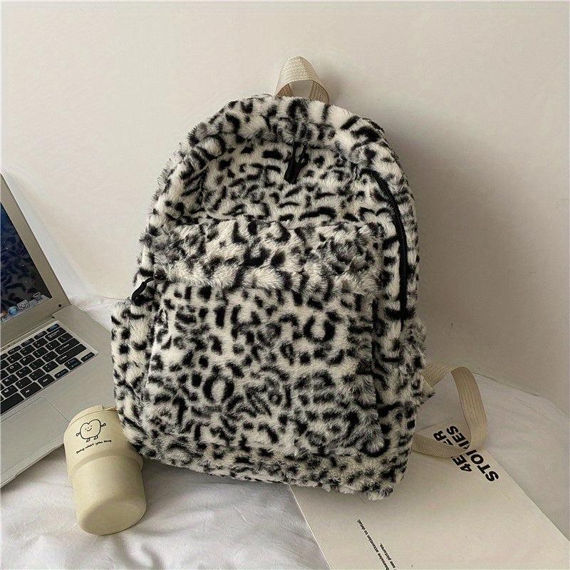 Leopard Pattern Backpack Vintage Faux Fur Schoolbag for Women