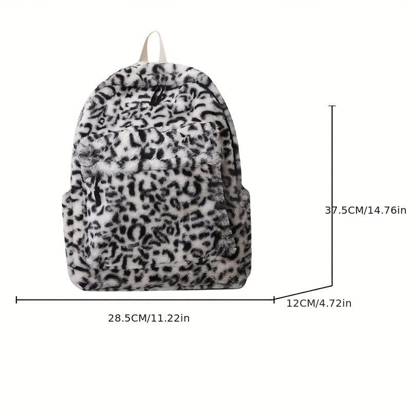 Leopard Pattern Backpack Vintage Faux Fur Schoolbag for Women