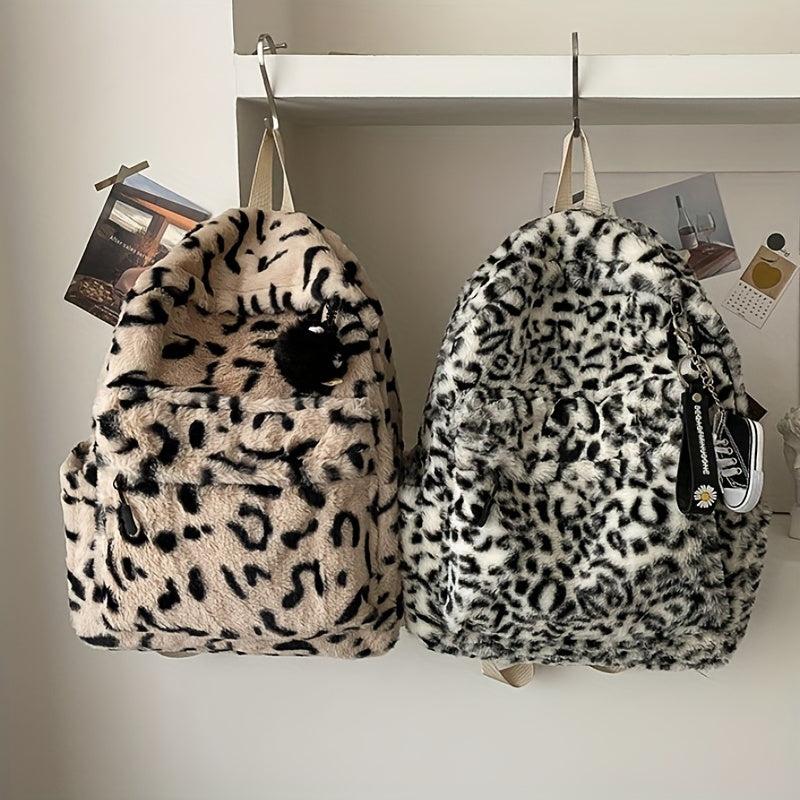Leopard Pattern Backpack Vintage Faux Fur Schoolbag for Women
