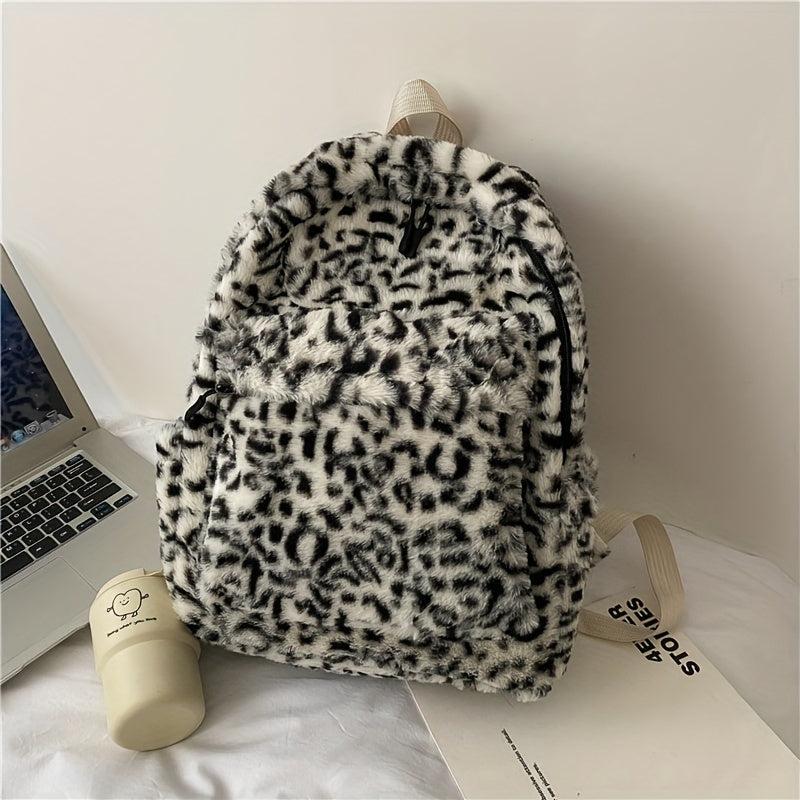 Leopard Pattern Backpack Vintage Faux Fur Schoolbag for Women