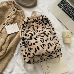 Leopard Pattern Backpack Vintage Faux Fur Schoolbag for Women