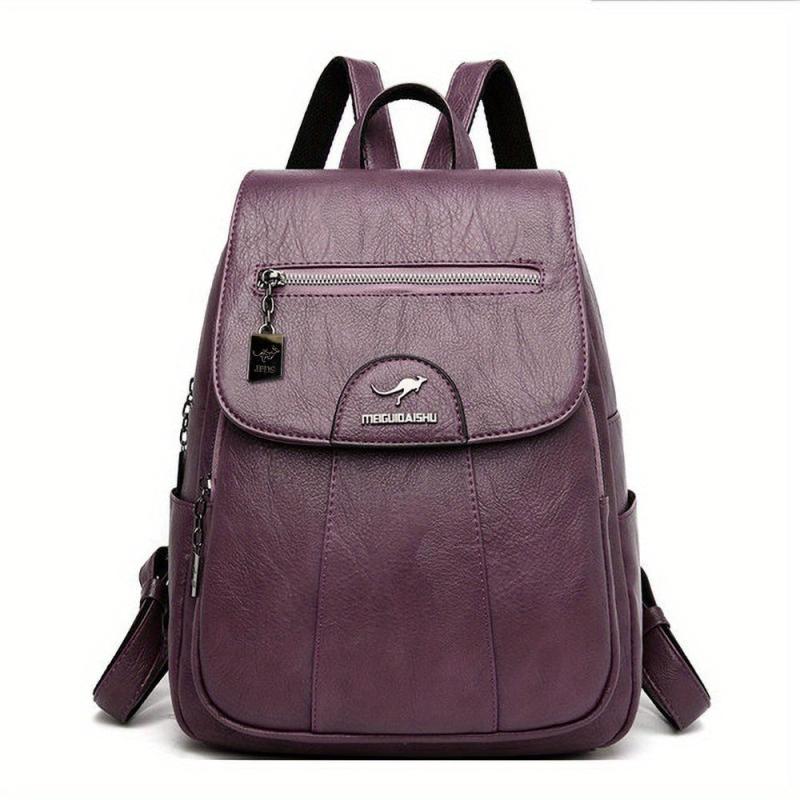 Large Capacity Flap Backpack PU Leather Textured Waterproof School Backpack