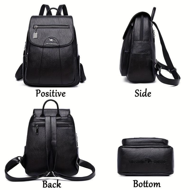 Large Capacity Flap Backpack PU Leather Textured Waterproof School Backpack