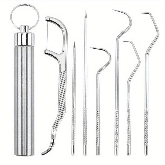 Stainless Steel Toothpick Set Dental Floss Tooth Remover Key Chain Cylinder