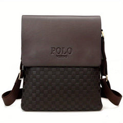 Checkered Embossed Messenger Bag Business PU Leather Crossbody Bag