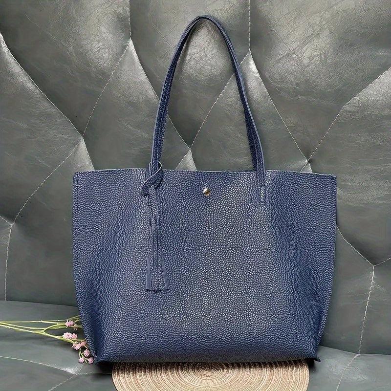 Women's Faux Leather Tote Bag w/ Tassel - Large Capacity Shoulder Bag
