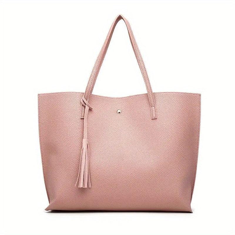 Women's Faux Leather Tote Bag w/ Tassel - Large Capacity Shoulder Bag