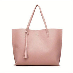Women's Faux Leather Tote Bag w/ Tassel - Large Capacity Shoulder Bag