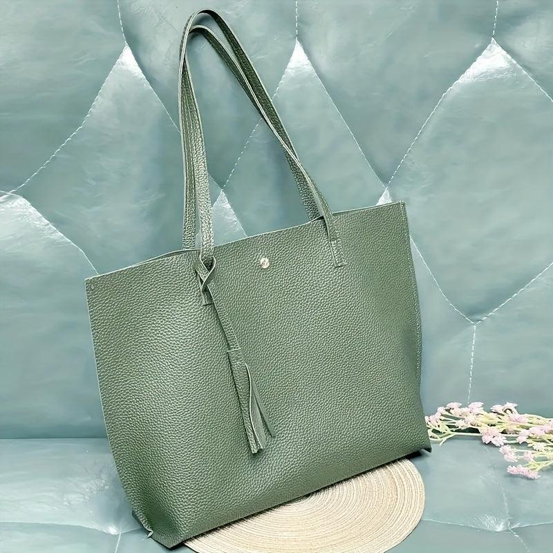 Women's Faux Leather Tote Bag w/ Tassel - Large Capacity Shoulder Bag
