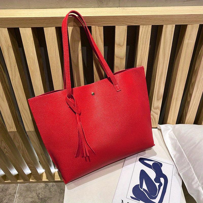 Women's Faux Leather Tote Bag w/ Tassel - Large Capacity Shoulder Bag