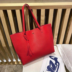 Women's Faux Leather Tote Bag w/ Tassel - Large Capacity Shoulder Bag