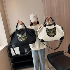 Cat Pattern Sequins Decor Travel Bag Lightweight Overnight Luggage Bag