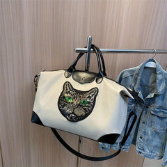 Cat Pattern Sequins Decor Travel Bag Lightweight Overnight Luggage Bag