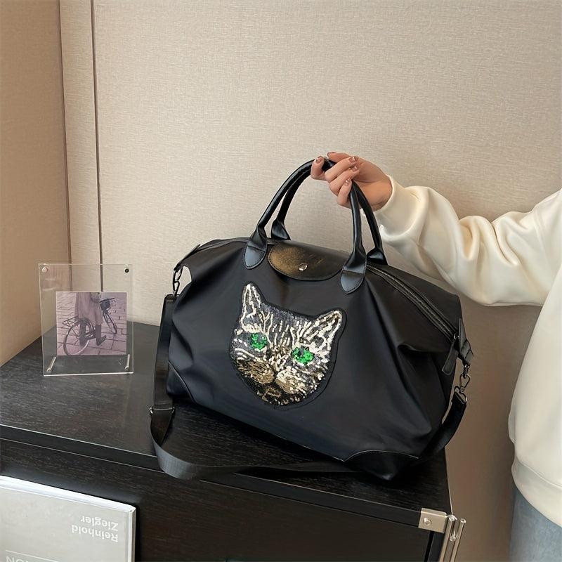 Cat Pattern Sequins Decor Travel Bag Lightweight Overnight Luggage Bag
