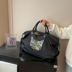 Cat Pattern Sequins Decor Travel Bag Lightweight Overnight Luggage Bag