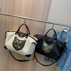 Cat Pattern Sequins Decor Travel Bag Lightweight Overnight Luggage Bag